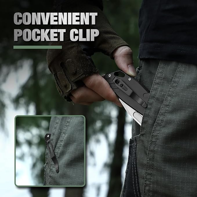 Button Lock Pocket Folding Knife with Nylon-Sheath (Horizontal carry), 3.42" D2 Blade with Aluminum Handle, Camping Pocket & Folding Knives with Clip, EDC Knife Gift, Black