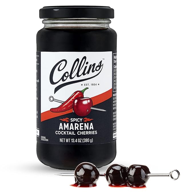 Collins Spicy Amarena Cherries in Syrup, Black Cherries for Old Fashioned or Manhattan, Cocktail Cherries, Garnish for Cocktails or Desserts,13.4oz