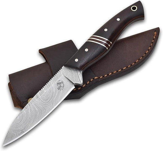 Knives Ranch Premium Hunting Knife - Handmade - 3/16" Full Tang Damascus Blade - Excellent Edge Retention - Rosewood Handle - Heavy-Duty Leather Sheath (3197-IRW)