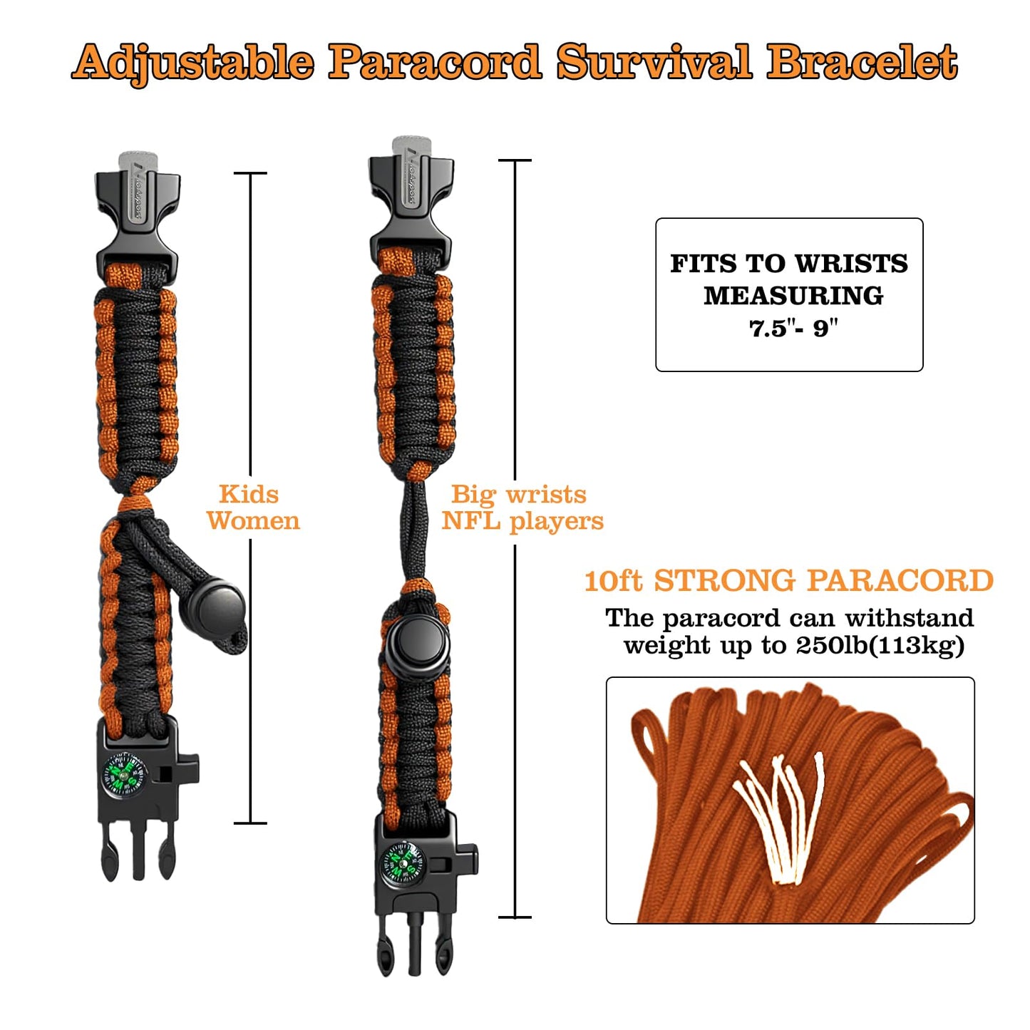 NVioAsport Paracord Survival Bracelet (3 Pack) - Adjustable with Fire Starter, Whistle, Compass