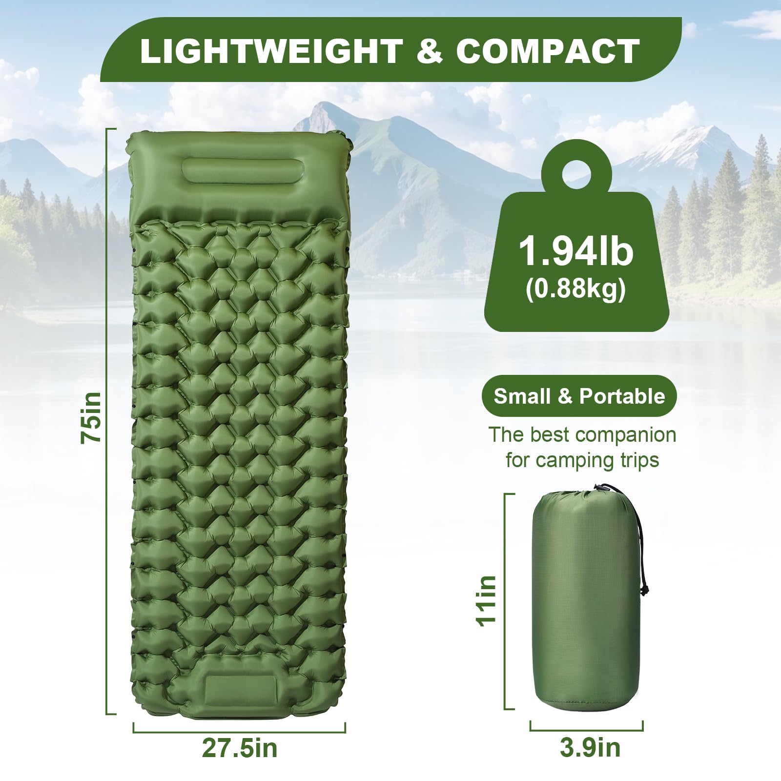 Yewkoisl Sleeping Pad,Inflatable Camping Mat with Pillow & Foot Pump-Green