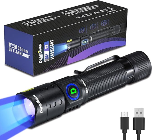 DARKDAWN UV Flashlight 365nm Light Mini USB Rechargeable Ultraviolet LED Blacklight Woods Lamp Powerful Fluorescent Portable Detector for Pet Urine Stains, Uranium Glass, Money, Resin Curing