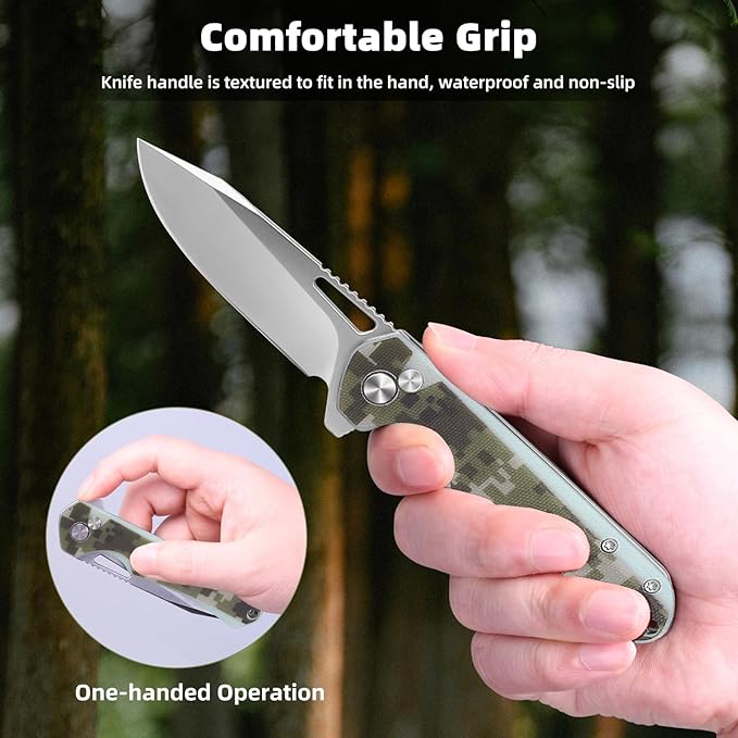 ZENG Folding Pocket Knife, 3.15" D2 Steel Blade Pocket knives, G10 Handle Small EDC Knife, Liner Lock knife, Pocket Knife with Clip for Men Women, Sharp Pocket knives for Camping Hiking Hunting (Camo)