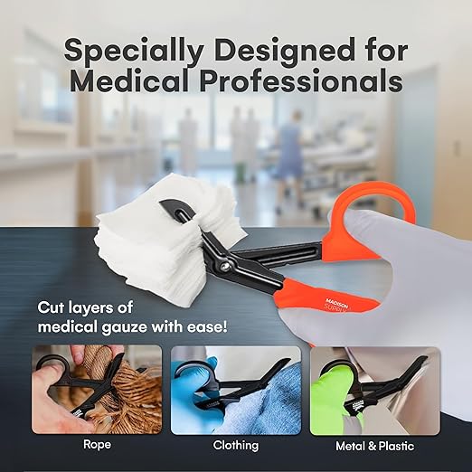 Madison Supply Trauma Shears and Medical Scissors - 7.5 Inch Quality Stainless Steel Bandage Scissors - Fluoride-Coated Non-Stick Blades - High-Durability Handles - Orange