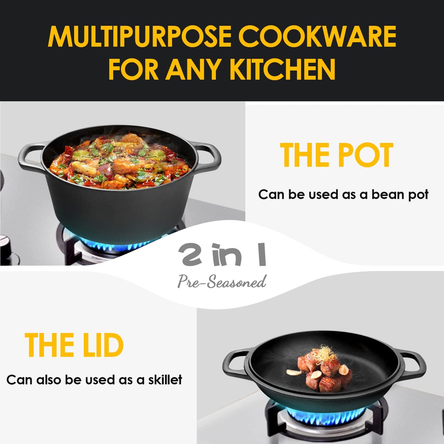 EDGING CASTING 2-in-1 Pre-Seasoned Cast Iron Dutch Oven Pot with Skillet Lid Cooking Pan, Cast Iron