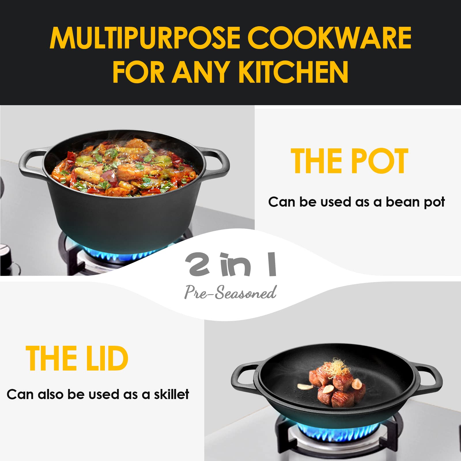 EDGING CASTING 2-in-1 Pre-Seasoned Cast Iron Dutch Oven Pot with Skillet Lid Cooking Pan, Cast Iron