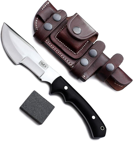 GCS Handmade D2 steel Hunting Knife G10 Handle Fixed Blade Knife Right Hand Scout Carry Buffalo leather Sheath and Sharpening Stone for Hunting Camping Survival and EDC