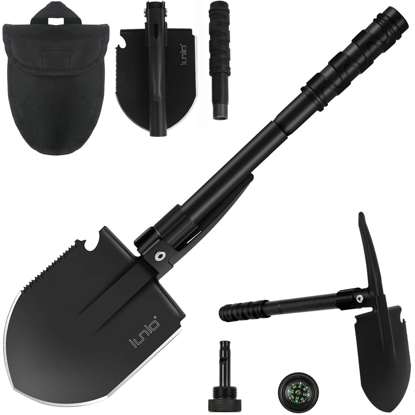 iunio Folding Camping Shovel w/Pick, 18.3in Heavy Duty Carbon Steel Shovel