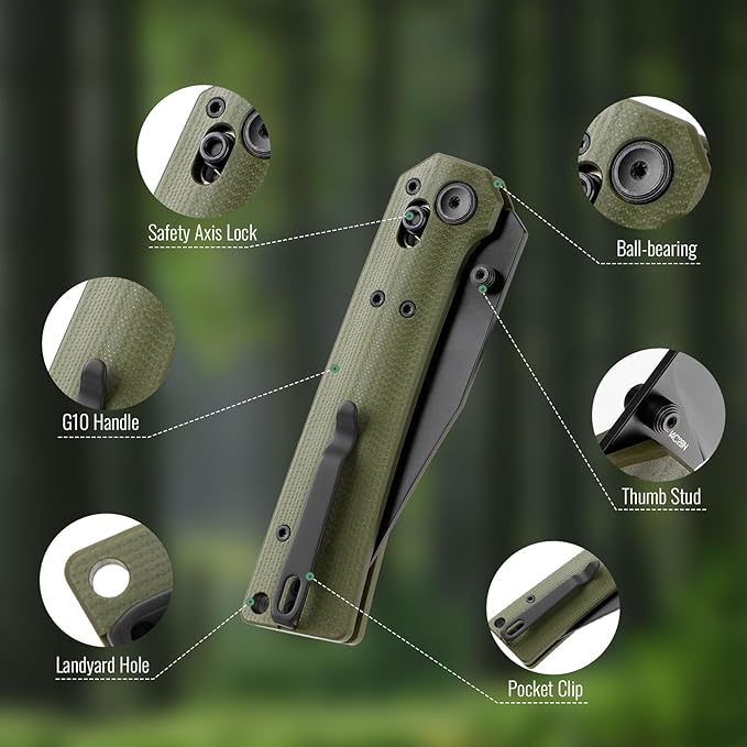 Pathwright Folding Pocket Knife, 3.54" 14C28N Blade and G10 Handle with Axis Lock, Everydaycarry Knives for Outdoor Indoor Pocket Knife with Pocket Clip for Men Women OD Green