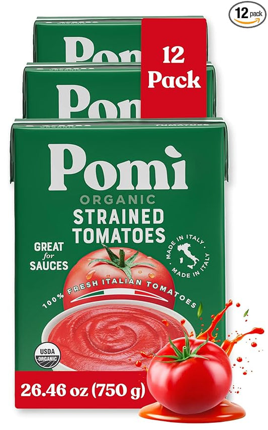 Pomì Organic Strained Tomatoes 26.46oz (Pack of 12)- Creamy, Velvety Puree - 100% Fresh Italian Tomatoes, Made in Italy - No additives, Kosher, Non-GMO, BPA-Free Carton, USDA Certified Organic