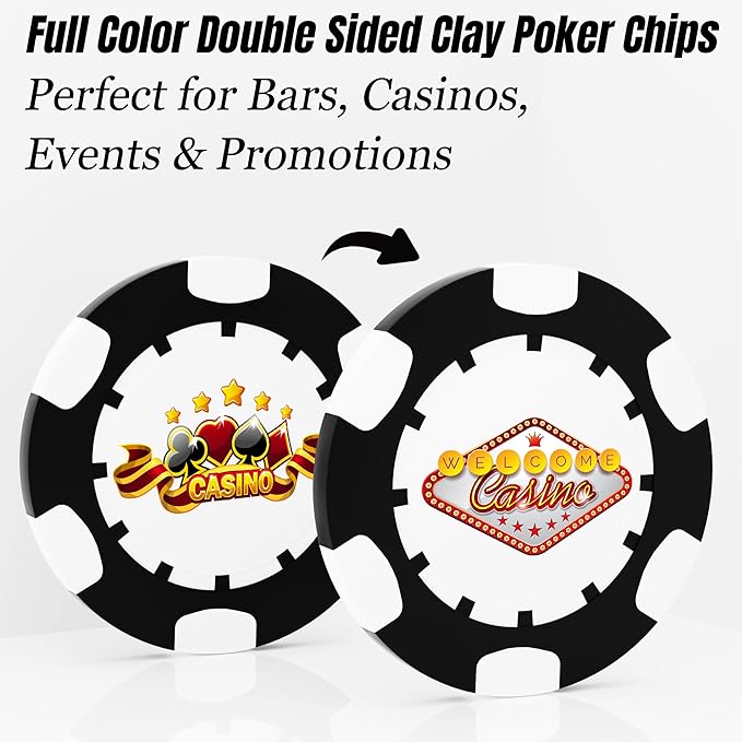25 Custom Clay Poker Chips, 40mm Heavy 11.5g Casino Sized Personalized Poker Chips with Your Logo, Image or Text, Custom Drink Tokens for Bar, Party, Tournaments, Golf Club or Events