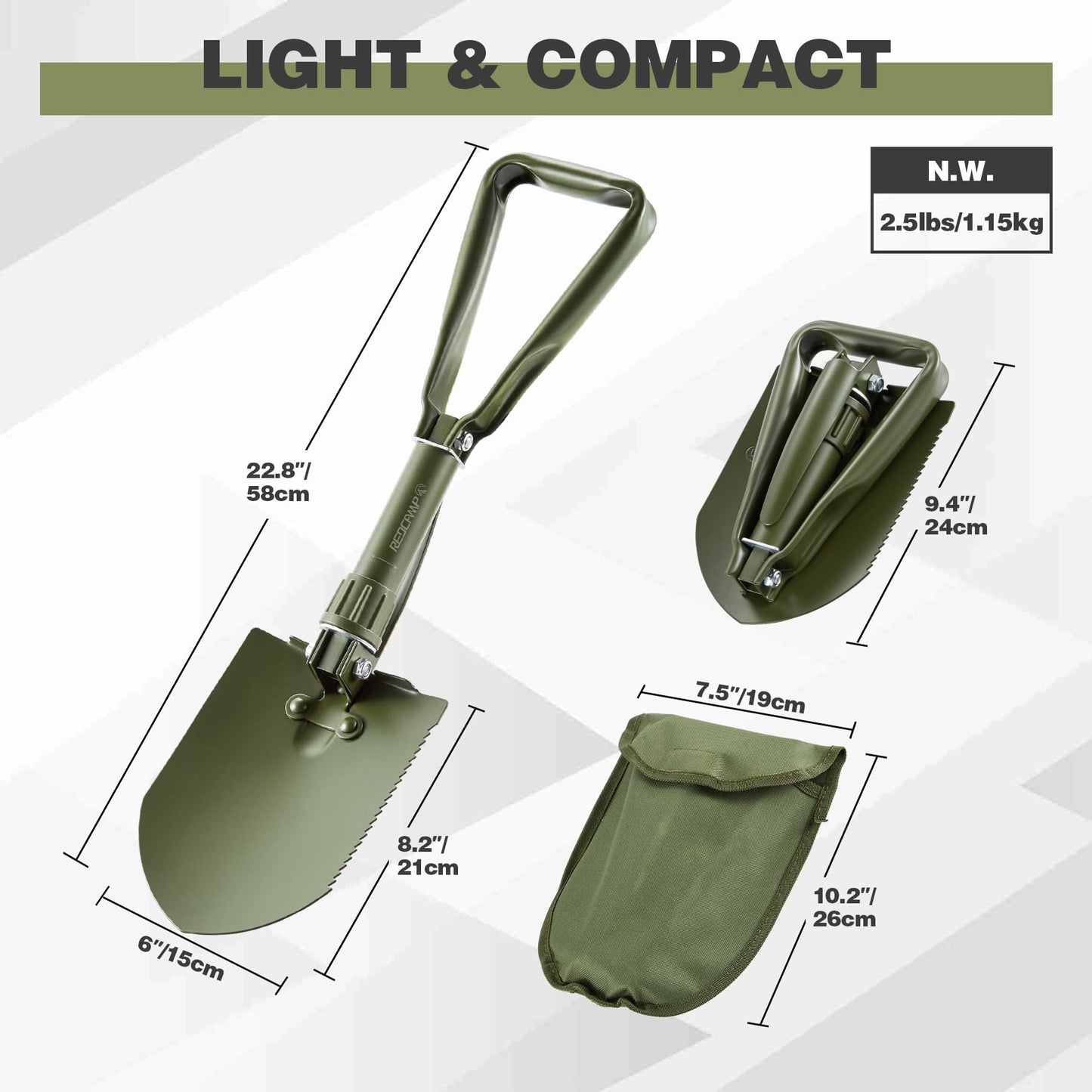 REDCAMP 23" Military Folding Camping Shovel w/Cover,Portable Shovel with High Manganese Steel