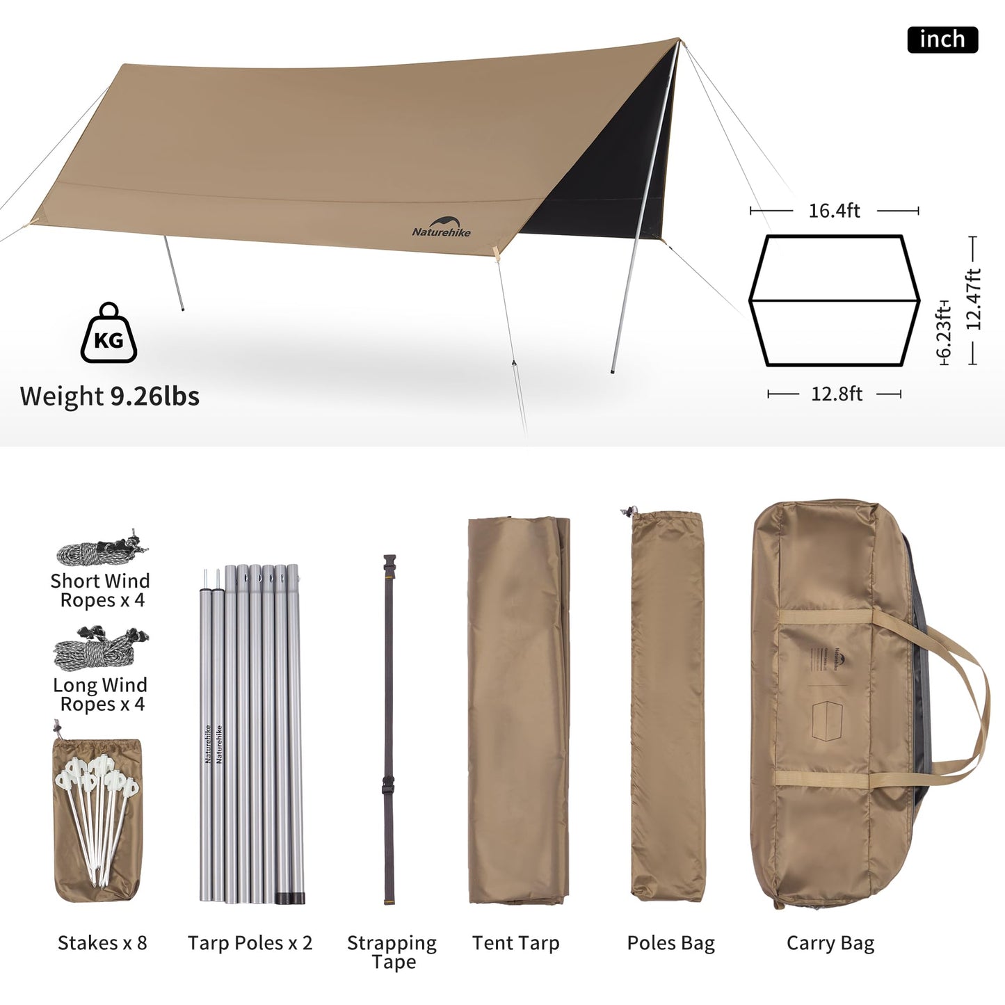 Naturehike Cloud Skies Camping Tent Tarp with Poles, Waterproof PU 18000mm+ Rain Shelter, Anti-UV