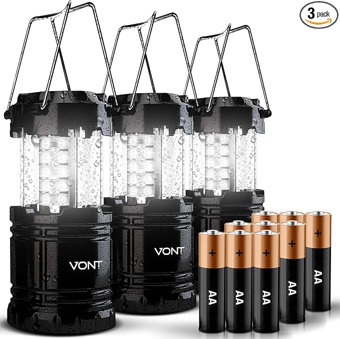 3 Pack LED Camping Lantern, LED Lanterns, Suitable Survival Kits for Hurricane, Emergency Light for Storm, Outages, Outdoor Portable Lanterns, Black, Collapsible, (Batteries Included)