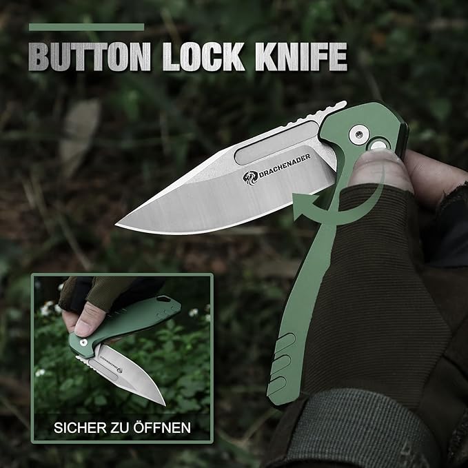 B-FENG 8.22" Button Lock Pocket Knife for Men, 3.42" D2 Blade Folding Knife with Clip and Sheath, EDC Tactical Knife, Gift for Men, Green