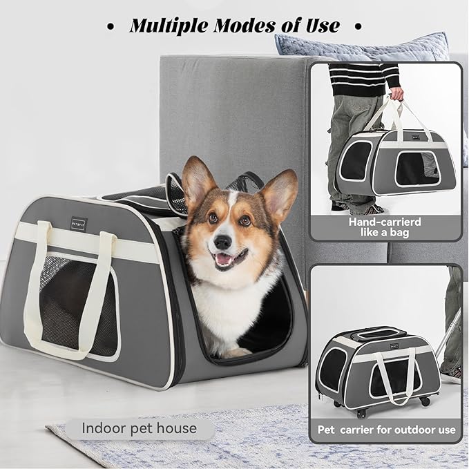 PETSFIT Large Pet Carrier with Wheels Designed for 2 Small Dogs/Multiple Kittens/Medium Dogs with Adjustable Safety Rope & Waterproof Bottom(?‘µ?’�?’• ?’‚?’Š?’“?’�?’Š?’�?’† ?’‚?’‘?’‘?’“?’�?’—?’†?’…)