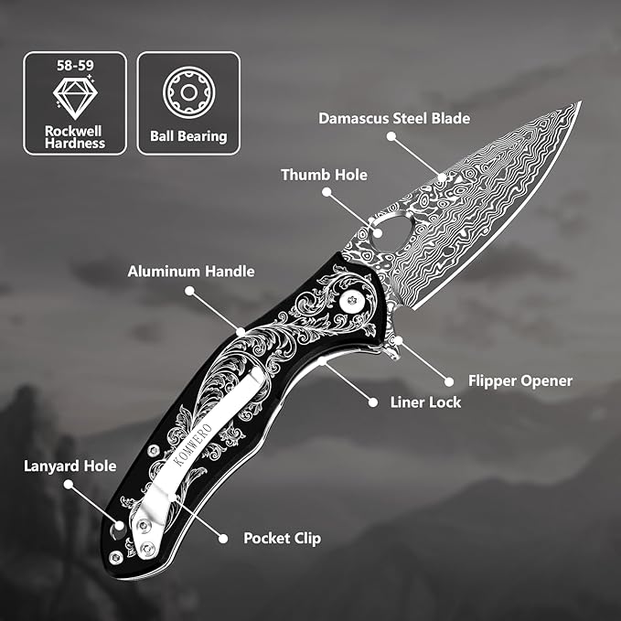 KOMWERO Damascus Pocket Knife with 2.95" VG10 Steel Blade, Folding Knife with Aluminum Alloy Non-Slip Handle, EDC Knife with Leather Sheath and Pocket Clip for Men Women Camping Survival Hiking