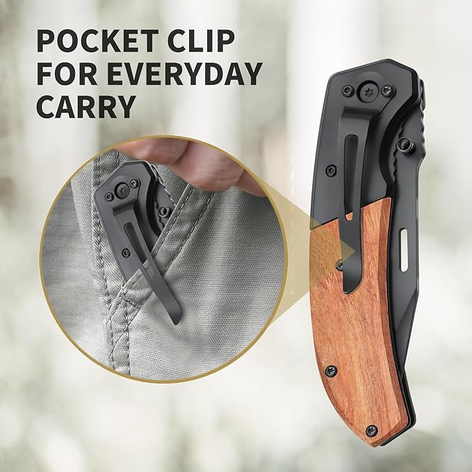 Pocket Knife for Men, Folding Knife with Pocket Clip, Wood Handle EDC for Women with 3.4″ Black Serrated Steel Blade, Camping Knife, Hunting, Hiking - Father's Day Gift