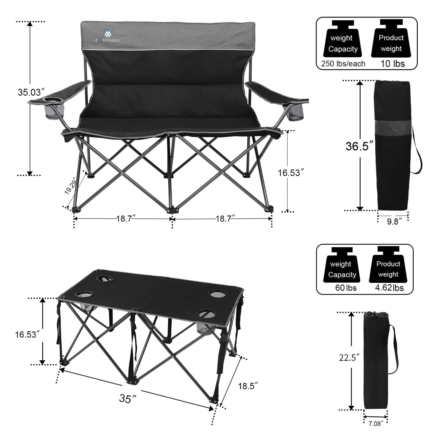 CAMPHILL Camping Chair Set of 4 - Outdoor Folding Chairs With Table, Heavy Duty Lawn Chair With Cup