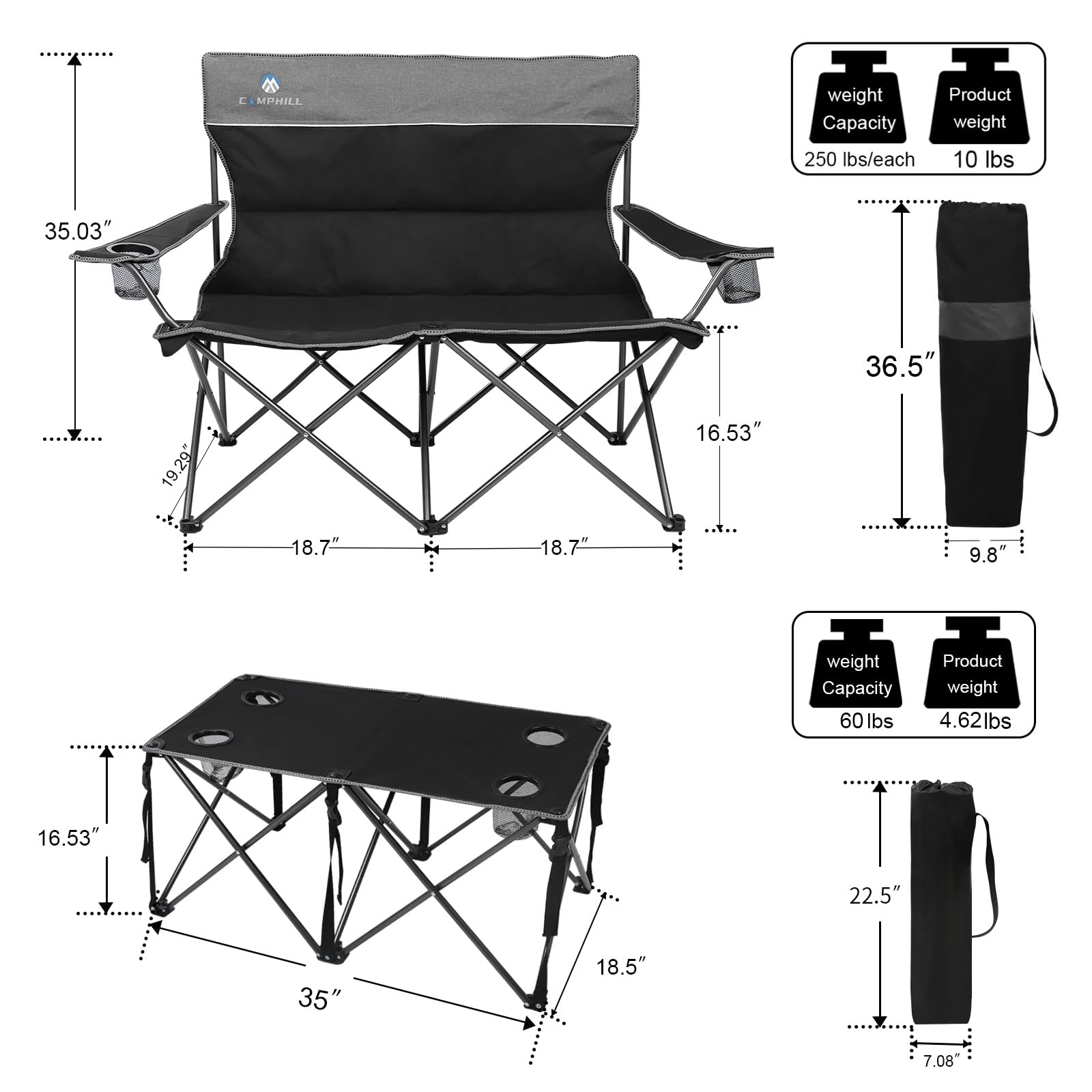 CAMPHILL Camping Chair Set of 4 - Outdoor Folding Chairs With Table, Heavy Duty Lawn Chair With Cup