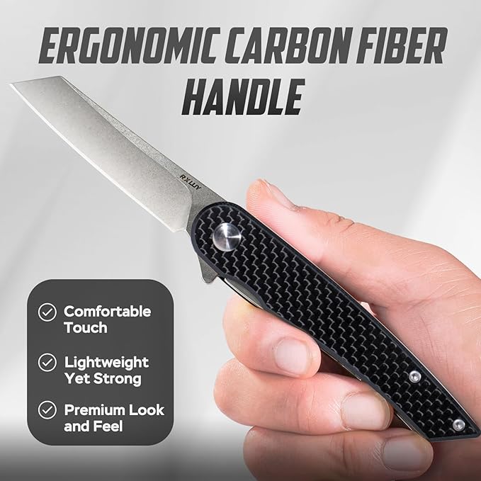 Folding Pocket Knife, 2.79??14C28N Steel Blade Carbon Fibre Handle Flipper Liner Lock Small Praxis EDC Folding Knife, Sharp Camping Outdoor Survival Knives for Men Women (Black)