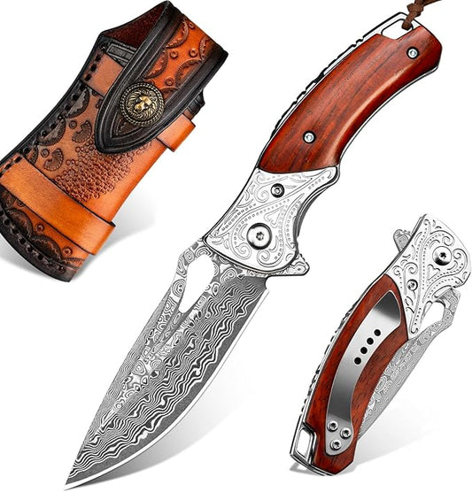 NedFoss Heron Damascus Pocket Knife, 2.8" Handmade Forged VG10 Damascus Steel Blade, 6.5" EDC Folding Knife with Retro Leather Sheath, Ebony Handle, Pocket Clip, Liner Lock, Cool Gifts Collection