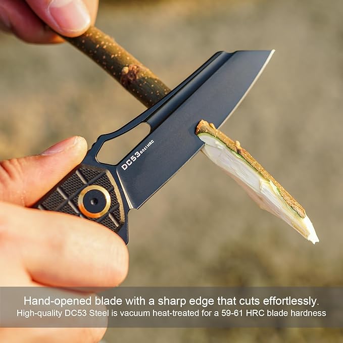 Folding Pocket Knife, 3.54" DC53 Steel Blade,4.65" G10 Handle, Liner Lock, Reversible Pocket Clip for Everyday Carry, Outdoor Activities. (Black PVD blade)