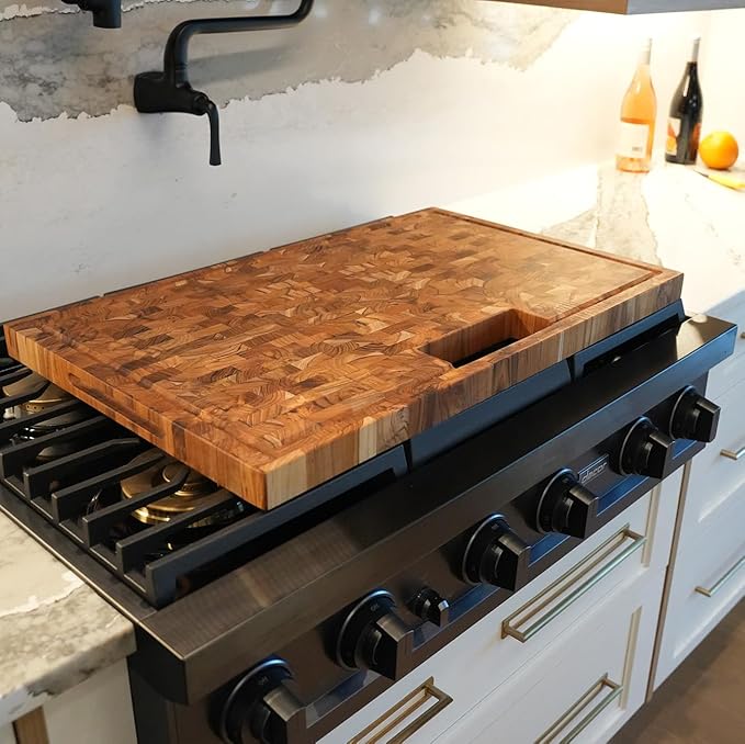 EcoDecors, Teak End Grain Cutting Board 29"x18", Solid FSC Teakwood Carving Board with Juice Groove, Handles & Waste Disposal, Butcher Block Cutting Board for Kitchen, BBQ, and Stove-Top Prep