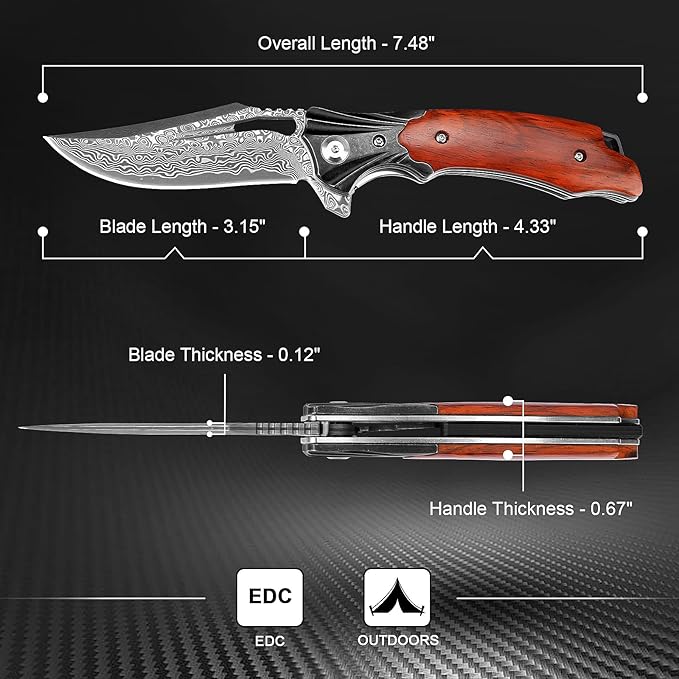 Damascus Pocket Knife for Men Women, Wood Handle Folding Knife with Sheath, 3.15" Damascus Steel Blade Pocket Knives for Outdoor