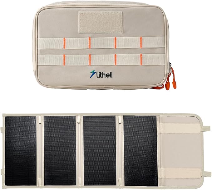 Litheli 24W Portable Solar Panel Charger with Bag, Foldable USB-C & USB-A Solar Power Bank for Phone, Camping, Hiking, RV, Emergency Use, IP68 Waterproof with Adjustable Kickstand