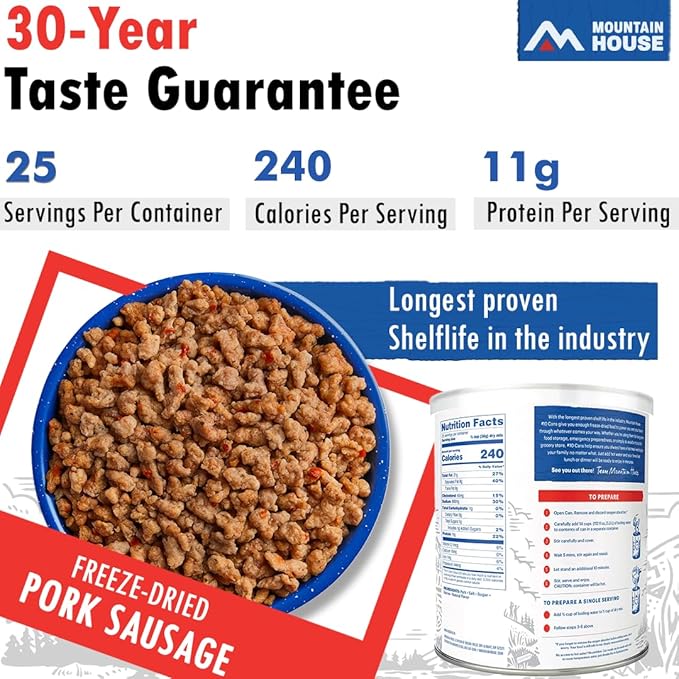 Mountain House Freeze-Dried Pork Sausage #10 Can ??25 Servings per Can ??Fully Cooked, Ready-to-Eat Emergency Canned Food Supply ??High-Protein Canned Meat for Camping, Hiking, Survival,??30-Year Taste Guarantee ??Made in USA ??Pack of 6