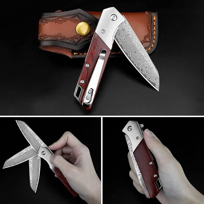 KOMWERO Damascus Pocket Knife with Clip Leather Sheath, 3.14 inch Sharp Damascus Steel Knife with Rosewood Handle, EDC Damascus Folding Knife for Men Women Camping Collection