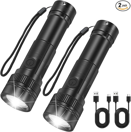 Rechargeable LED Flashlight High Lumens - 2 Pack Super Bright Small Tactical Flashlight Zoomable,4 Modes, IP64 Waterproof for Camping Emergency Repair Outdoor