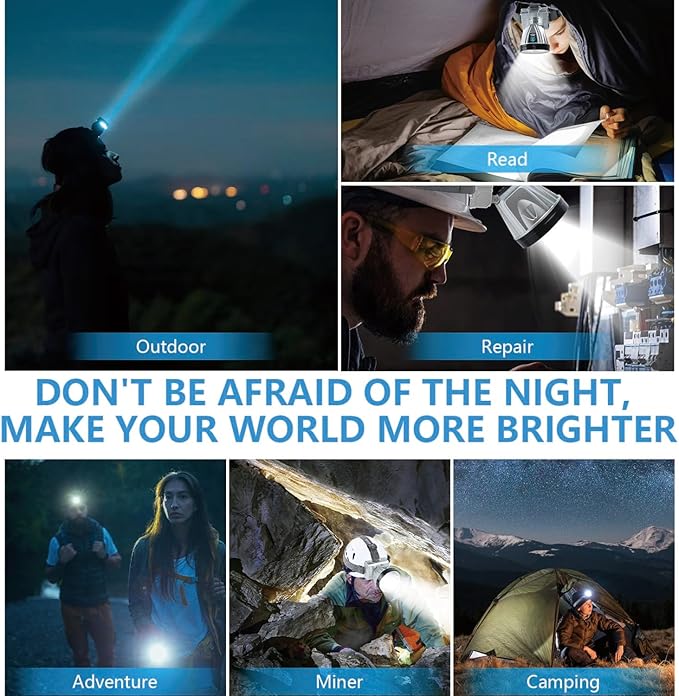Super Bright Rechargeable High Power Headlamp,LED Rechargeable Head Lamp,LED Head Lights for Forehead Flashlight,Waterproof Headlamp Headlight with White Lights for Camping,Running,Cycling,Fishing