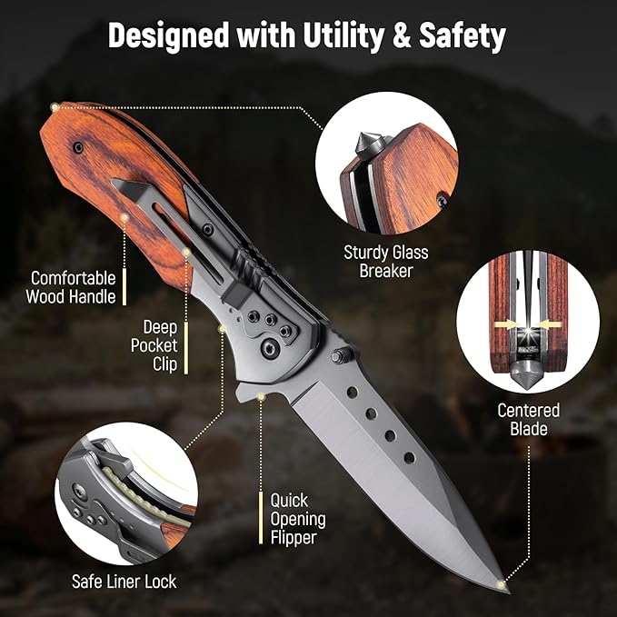Pocket Knife for Men - Wood Handle Folding Pocket Knives with Clip, Glass Breaker - 3.46" Sharp Blade EDC Knife for Dad Tactical Hunting Survival Camping Fishing Hiking - Grey