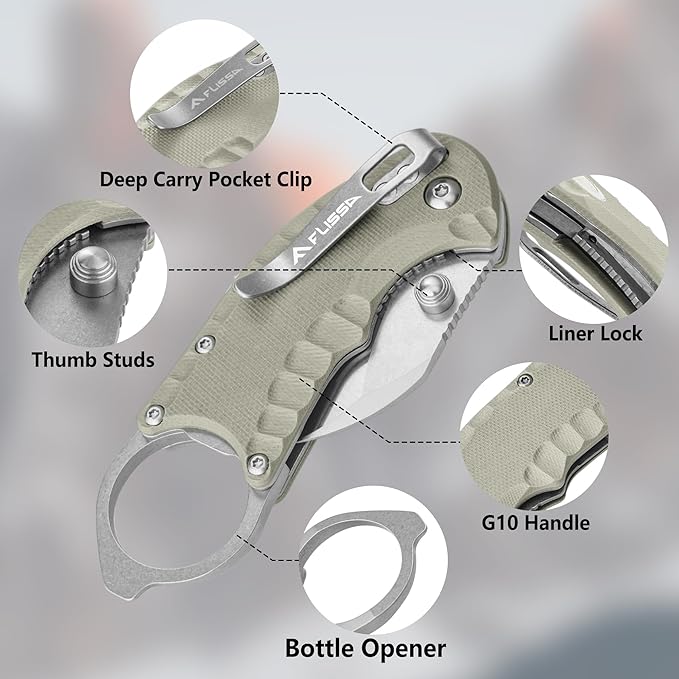 FLISSA 4" Small Folding Pocket Knife, Lightweight Utility Knife, Desert Tan G10 Handle, EDC Pocket Knife with 8Cr13MoV Steel Blade, Carry Pocket Clip, Bottle Opener and Flat Head Screwdriver, Liner Lock