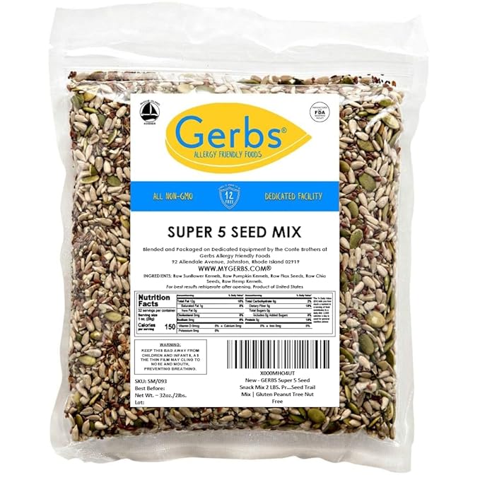 GERBS Super 5 Seed Snack Mix 2 LBS. Premium Grade | Top 14 Food Allergy Free | Resealable Bulk Bag | Made in USA | Raw Pumpkin Sunflower Chia Hemp Flax Seed Trail Mix | Gluten Peanut Tree Nut Free