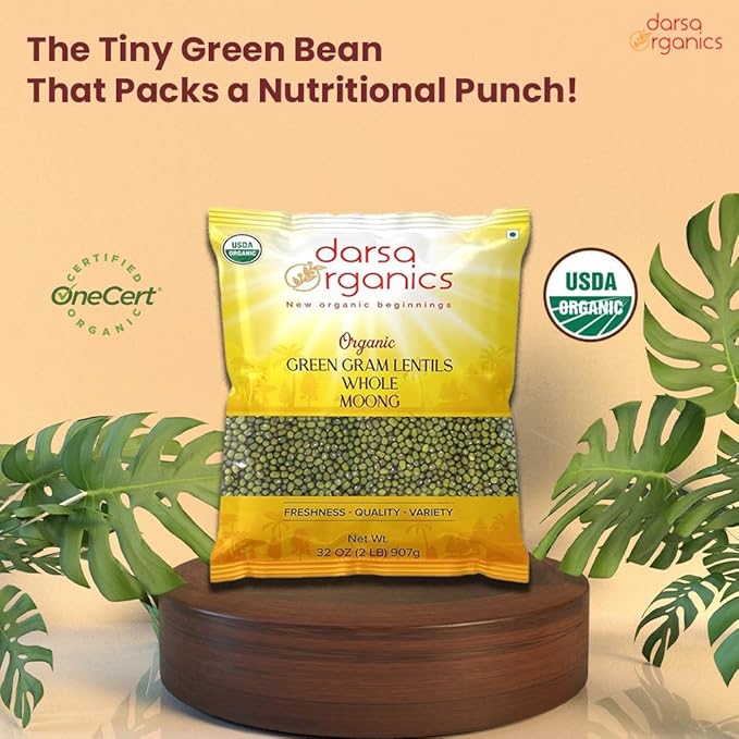 Darsa Organics Whole Green Moong (Mung) Bean Lentils 2 lb ??USDA Organic, Non-GMO, Kosher, Gluten-Free | Protein & Fiber Rich | Perfect for Sprouting, Soups & Salads