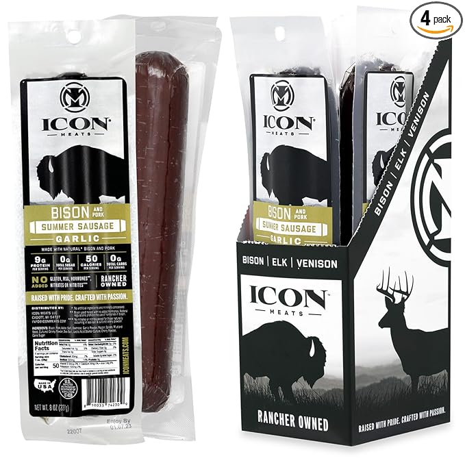 ICON Meats Summer Sausage - Bison and Pork Garlic Flavor - 4 Pack of Individually Wrapped Meat Sausages, USDA Approved, All Natural, Diet Friendly, High Protein, Low Calorie