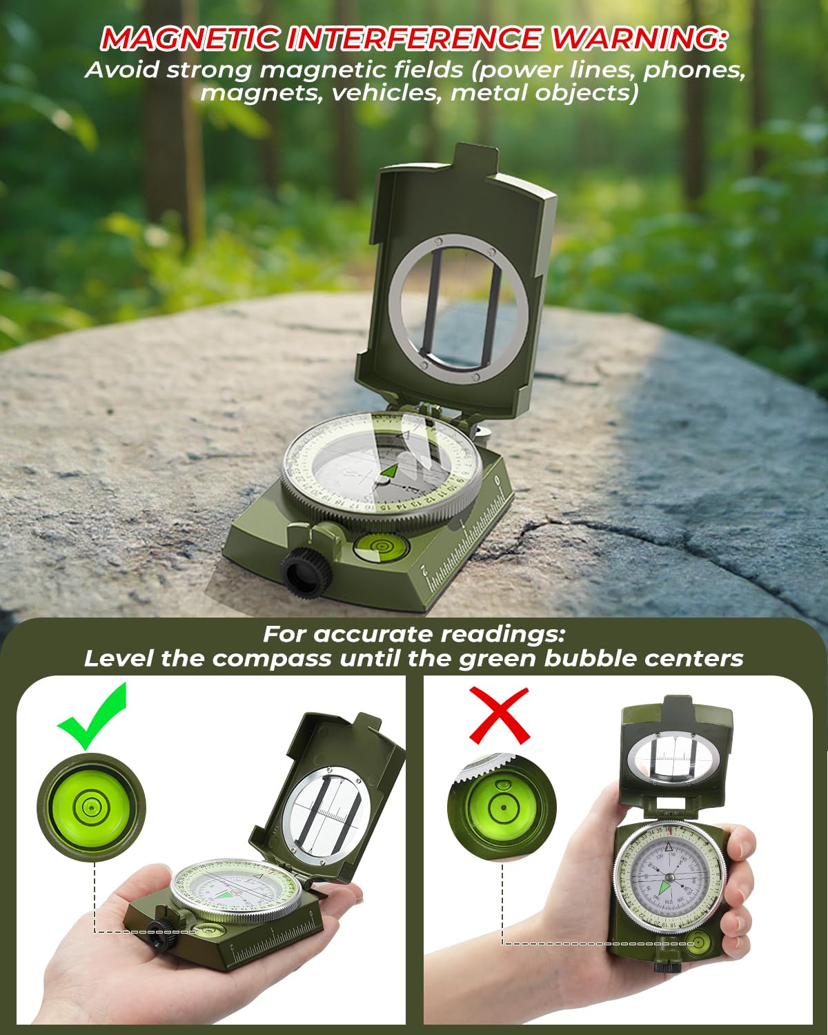 Sportneer Military Lensatic Sighting Compass with Carrying Bag, Waterproof and Shakeproof, Army