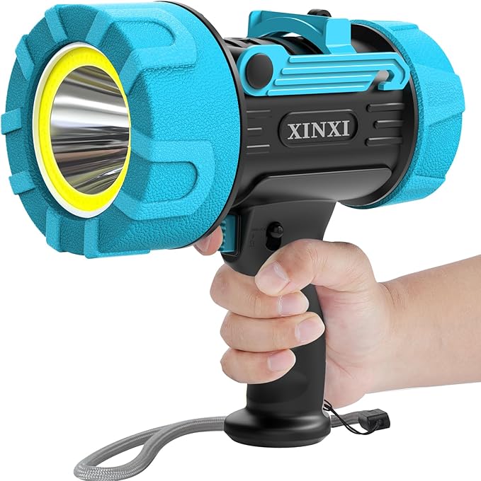 XINXI Rechargeable Spotlight with COB Floodlight, 6 Light Modes and USB Charger for Hiking, Boating, Hunting, IP67 Waterproof Handheld Flashlight with red Filter(Blue)