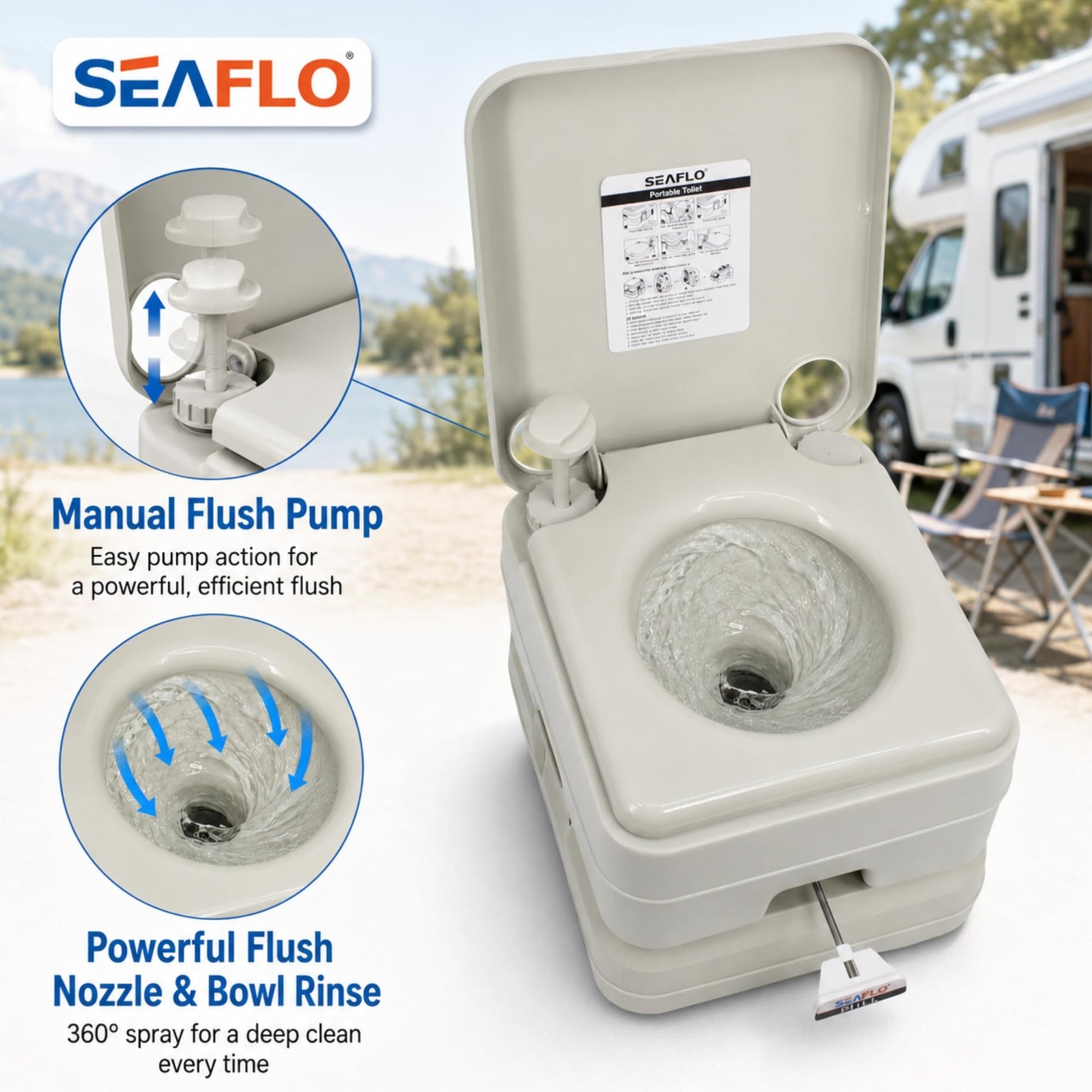 SEAFLO Camping Portable Toilet - 2.6 Gallon Waste 3.43 Gall Fresh Tank (100 Flushes), 440 lbs Max