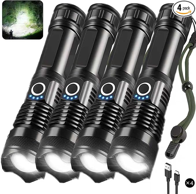 4 Pack Flashlight Rechargeable High Lumen, Super Bright Flashlight 9000000 Lumens, Adjustable Powerful Flash Light with USB Cable 5 Modes, Waterproof Handheld Flashlight for Camping, Home, Outdoor