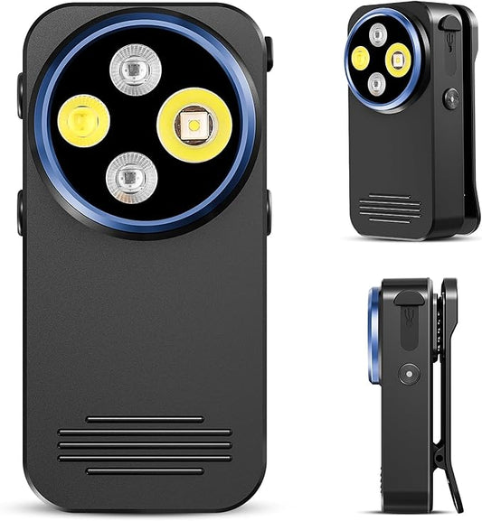 Rechargeable EDC Flashlight, 600 Lumens Dual LED Sources Mini Clip-on Light with Red & Blue Light, Portable Flat Pocket Flashlights, Magnetic Flashlight for Outdoor Home Emergencies