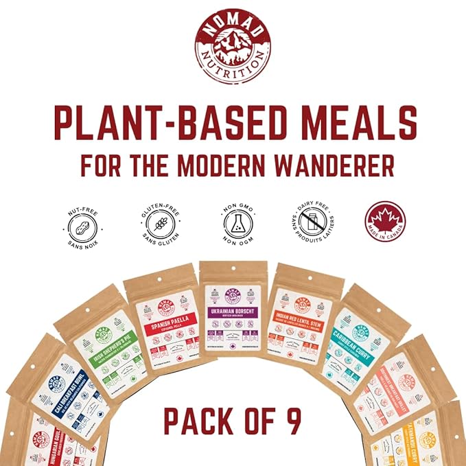 Nomad Nutrition Sampler Pack | 9 Freeze-Dried Meals: Hungarian Goulash, Shepherd?™s Pie, Kathmandu Curry, Lentil Stew & More | Plant-Based, Non-GMO, High Protein | Add Boiling Water | 56g (Pack of 9)