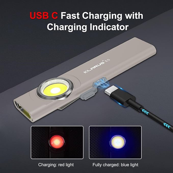 klarus E5 Pocket Flashlight, Rechargeable EDC Flashlight, Super Slim 4.2x1x0.3inch, 600 Lumens, USB-C Port, IPX4, Dual Light Source with Magnetic Base, Hat & Clothes Clip - Grey