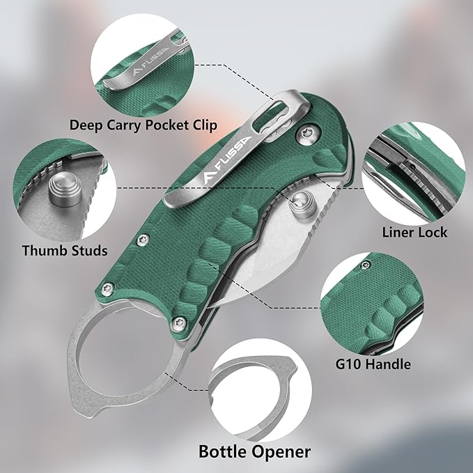 FLISSA 4" Small Folding Pocket Knife, Lightweight Utility Knife, Green G10 Handle, EDC Pocket Knife with 8Cr13MoV Steel Blade, Carry Pocket Clip, Bottle Opener and Flat Head Screwdriver, Liner Lock