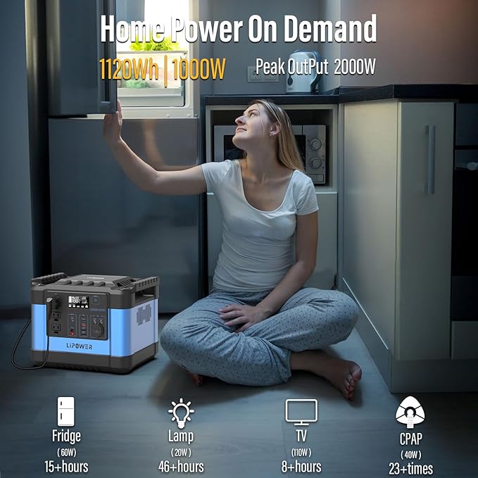 Lipower Power Station 1000W, 1120Wh LiFePO4 Battery Solar Generator for Camping, AC Outlets*3, PD 60W, Portable Power Station for Home Use, CPAP, Emergency-Blue