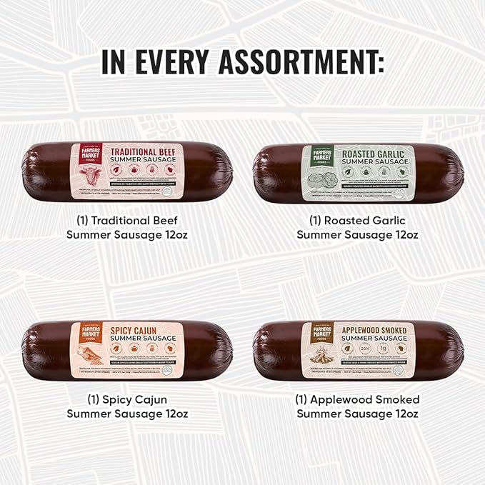 Farmers Market, Gluten Free, Keto, Paleo, Low Sodium, Zero Sugar, Summer Sausage Gift Set, 12oz 4-Pack Variety