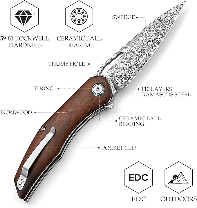 3.62'' Damascus Folding Pocket Handmade Knife for Men With Clip, Front Flipper Utility Knife for Best EDC Outdoor Camping Hiking Work Knives,Ironwood Handle &Ti Ring.Taurus-01i